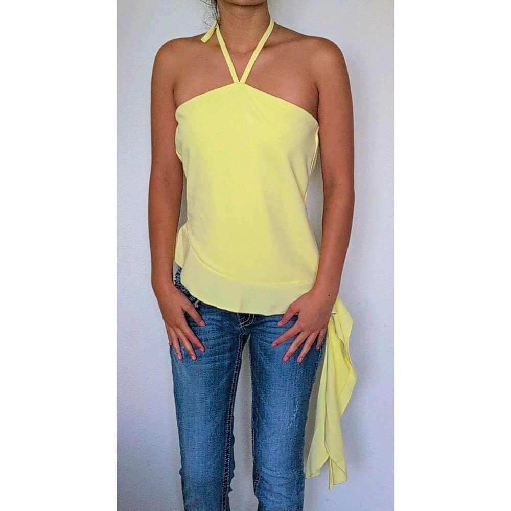 Rich & Famous Pale Butter Yellow Halterneck Blouse Open Back Drape Med